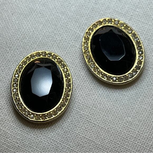 JUDY LEE VINTAGE 1950s Faux Gold Diamond & Black Facet Stone Oval Clip Earrings - Picture 4 of 9